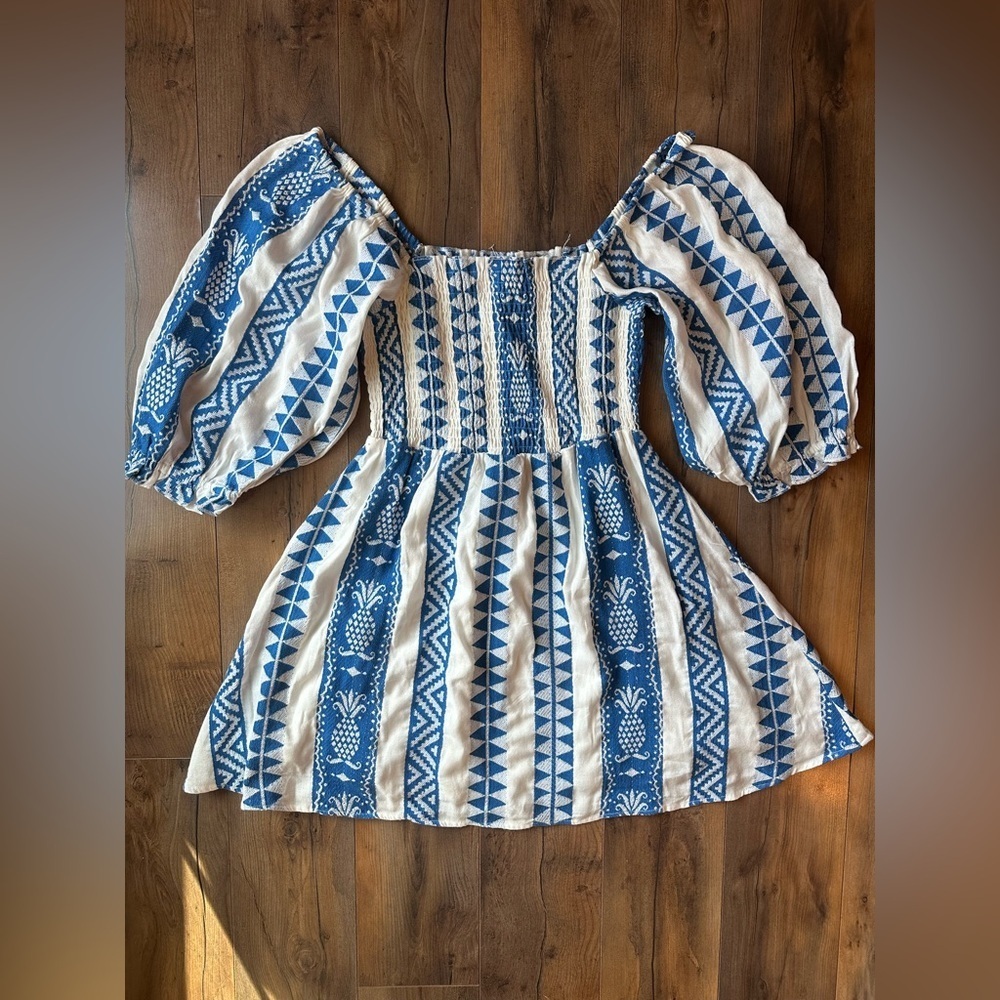 En Crème Blue White Smocked Puff Sleeve Mini Dress Cottagecore Boho Small - Picture 3 of 8